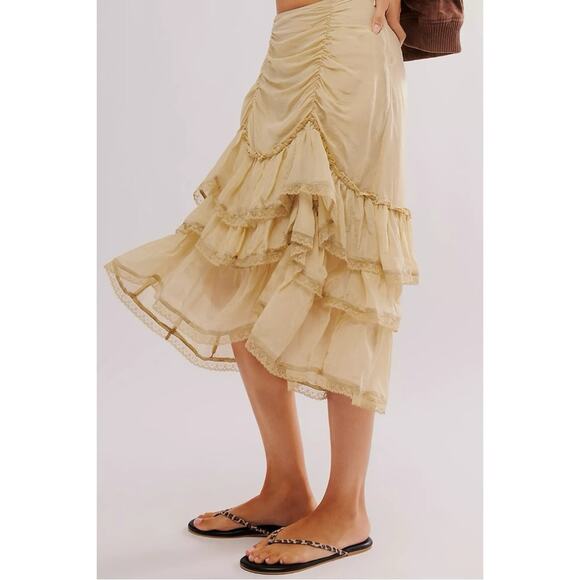 Free People Calliope Ruffle Midi Skirt Sage Medium NWT Ethereal Western Bohemian - Picture 4 of 15